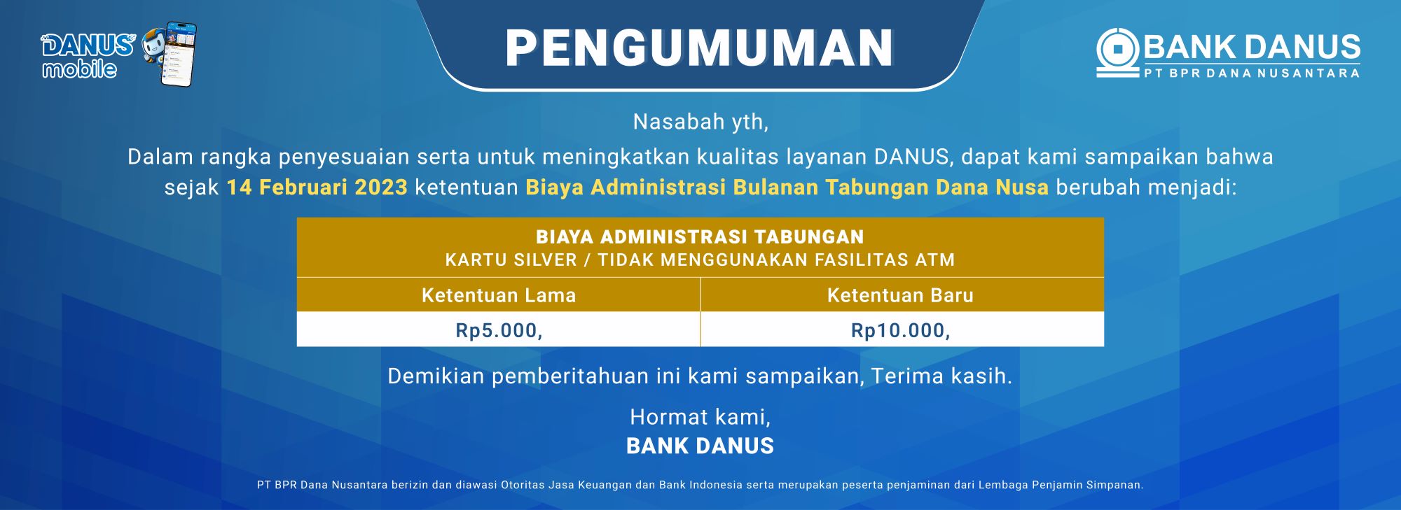 Pengumuman Pembebasan Biaya Admin dan Fasilitas ATM